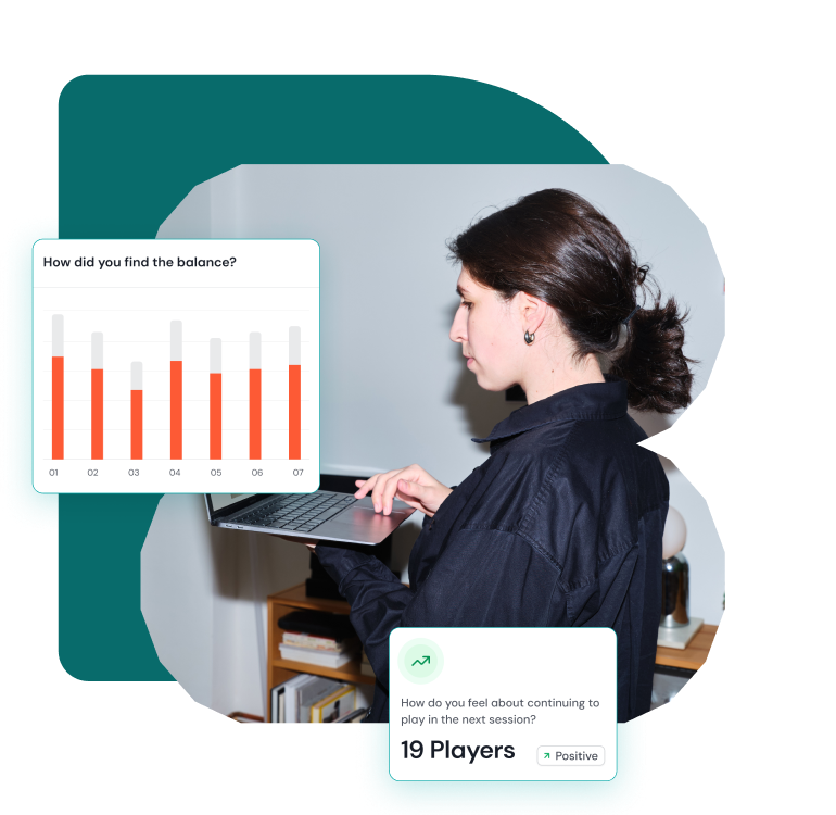 Woman holding and looking at a laptop with overlaid charts and survey results about player balance and session continuation.