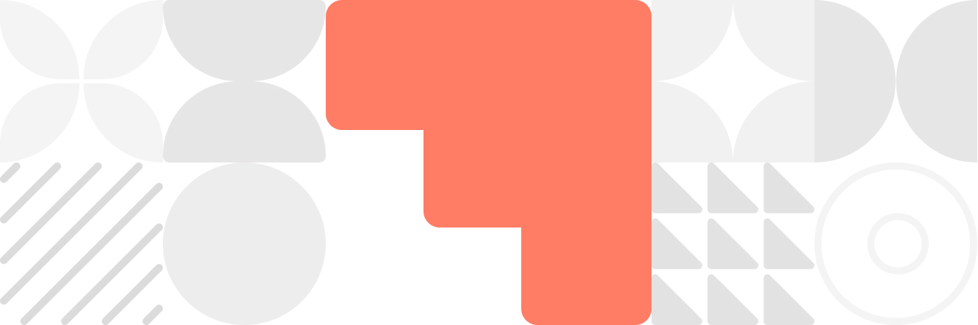 Abstract geometric pattern with a prominent coral-colored rounded shape amid light gray and white shapes including circles, semi-circles, and triangles.