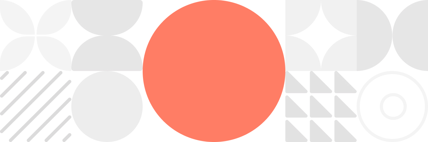 Centered large coral circle surrounded by various light gray geometric shapes on a white background.