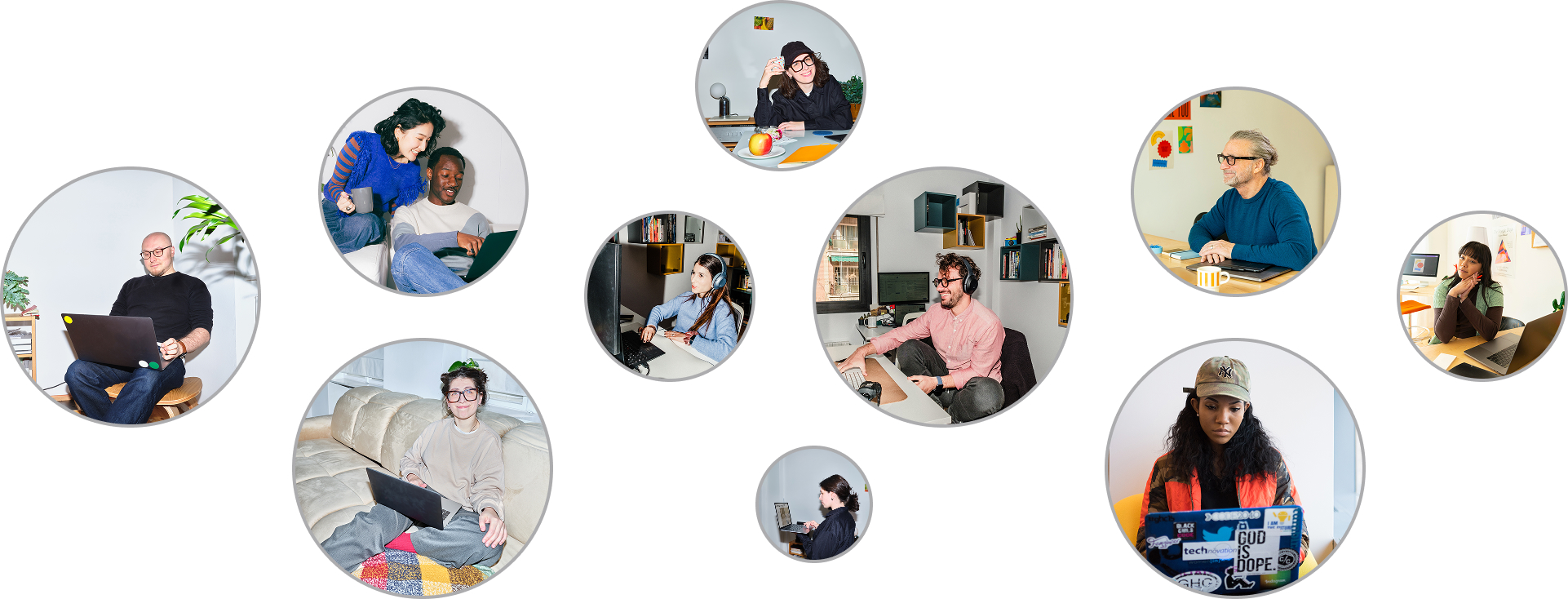 Collage of diverse people working or studying remotely on laptops in home or office settings.